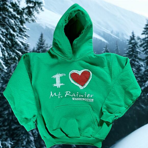 I Love Mount Rainier Bright Green Hoodie Sweatshirt With Front Pocket Kid Size M - Picture 3 of 9